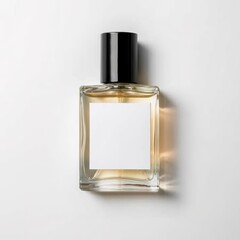 A clean mockup of a bottle of perfume with label isolated on white background top view