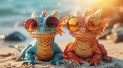  two toy lizards wearing sunglasses sit on the sand at the beach with the sun shining through the lens of the one in the foreground, and the second one in the foreground. - obrazy, fototapety, plakaty