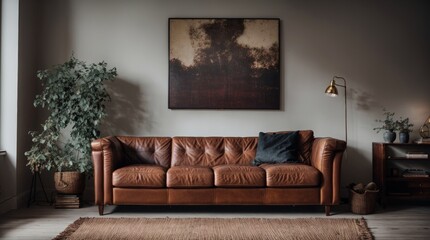 Vintage leather sofa exuding elegance in softly lit stylish room 