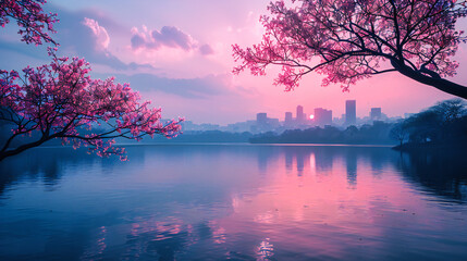 urban skyline by the lake at sunset, showcasing a blend of city lights, architectural beauty, and...