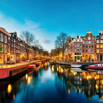 Amsterdam night scene with traditional houses, boats moored along the canal and lit lanterns