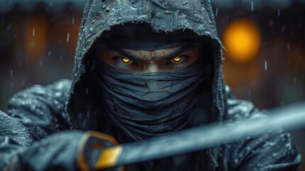  a man with yellow eyes wearing a hood and holding a sword in front of him with a chain around his neck and wearing a black outfit with a hood and yellow eyes.