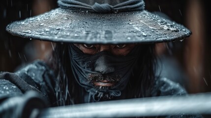  a close up of a person wearing a hat and covering his face with a covering over his face and a sword in front of him, with water droplets on his face.