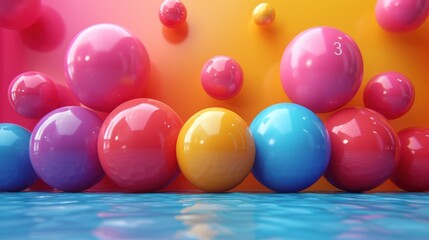  a group of colorful balls floating on top of a body of water in front of a brightly colored wall with a reflection of the water in the bottom of the photo.