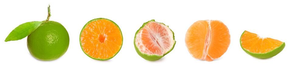 Fresh green tangerines isolated on white, collage