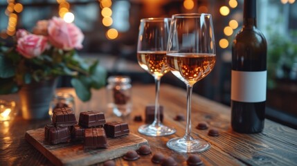  a couple of glasses of wine sitting next to a bottle of wine and a couple of pieces of chocolate on top of a wooden table next to a bottle of wine. - obrazy, fototapety, plakaty