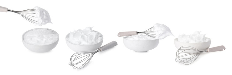 Whisk and bowl with cream isolated on white, collage
