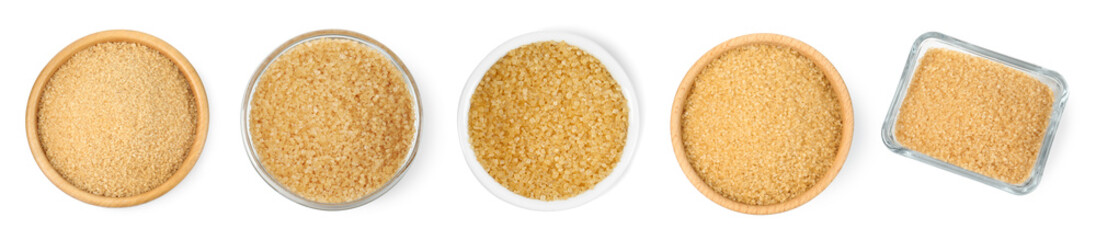 Brown sugar in bowls isolated on white, top view