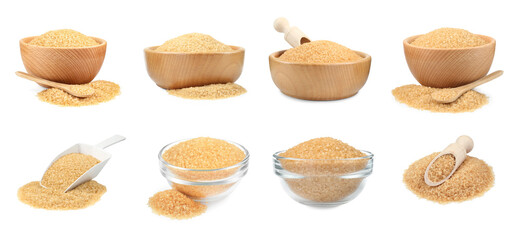 Brown sugar in bowls and scoops isolated on white, set