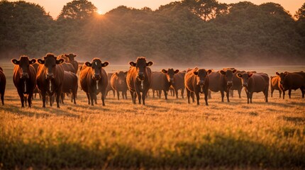 Fototapeta na wymiar Warm sunrise over cattle in golden fields 