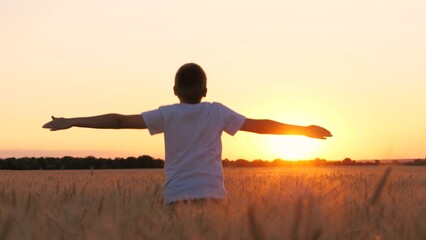 Happy male teen running on wheat field with open hands enjoy freedom at sunset sunrise back view closeup. Boy kid teenager relaxing imagine flying at dusk rye meadow sun sky forest horizon