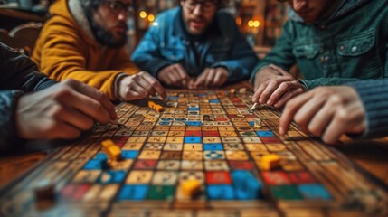  a group of men playing a game of mah - o - mah on a large wooden table in a dark room with other people sitting at the table. - obrazy, fototapety, plakaty