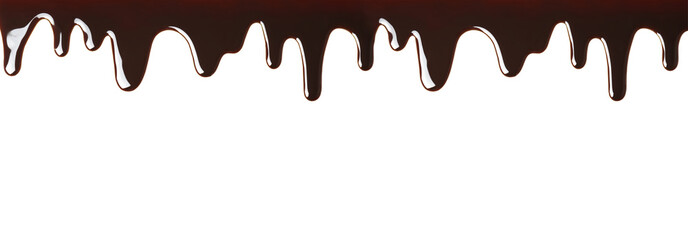 Tasty melted milk chocolate pouring down on white background, banner design
