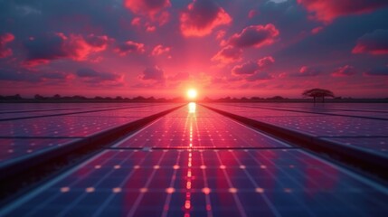  the sun is setting over the horizon of a solar - powered field with rows of rows of rows of rows of rows of rows of rows in front of rows.