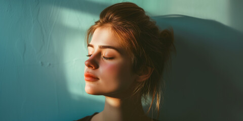 Young Caucasian woman in serene repose, sunlight casting shadows across her closed eyes and calm face