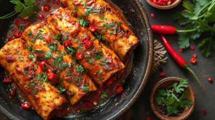  a pan filled with tofu covered in sauce and garnished with cilantro, red peppers, cilantro leaves, and cilantro peppers.