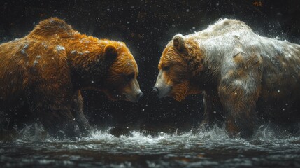  a couple of brown bears standing next to each other on top of a body of water in front of a forest filled with lots of brown leaves and white snow.
