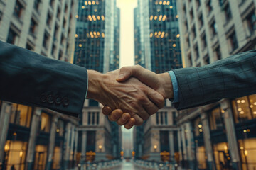 A detailed view of a corporate handshake between two business professionals the firm grip symbolizing partnership and success set against the backdrop of a skyscraper office in a documentary - obrazy, fototapety, plakaty
