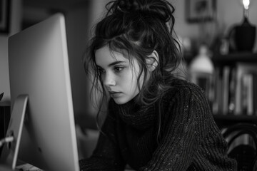 A focused girl deeply immersed in her work on a computer her concentration palpable in the quiet room captured in a raw documentary photography style