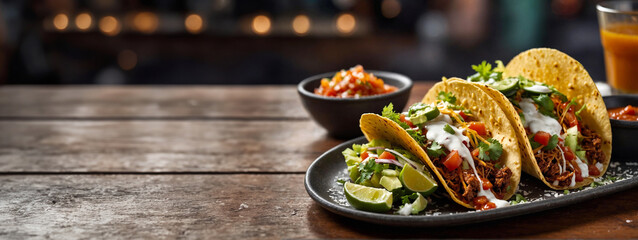 A close-up of tacos on a table with space for text.