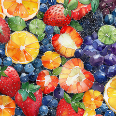 A colorful watercolor painting showcasing a variety of fresh, juicy fruits including citrus and berries.
