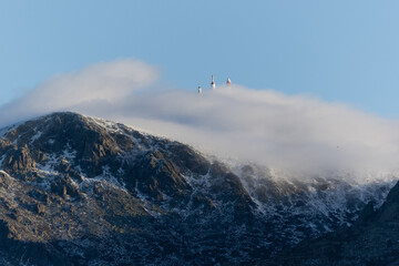 communications antennas called La Bola del Mundo, in the Sierra de Guadarrama in Madrid, Spain, seen through the fog