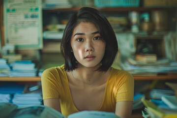 A magazinestyle portrayal of a Thai woman with a bob haircut her expression one of concentration and stress as she works diligently on a grant proposal from her compact home office during a holiday