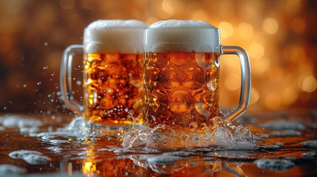  two mugs of beer sitting on a table with water splashing on the table and a boke of lights in the back ground behind the two mugs.