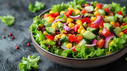  a close up of a salad in a bowl with lettuce, tomatoes, cucumbers, onions, and other veggies on a black surface.