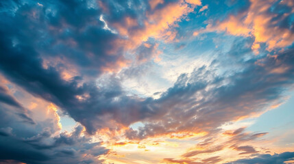 Fototapeta na wymiar Real majestic sunrise sundown sky background with gentle colorful clouds . Generative Ai
