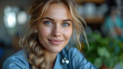  a close up of a person with a blue shirt and a plant in the background and a potted plant in the foreground and a woman's face is smiling.