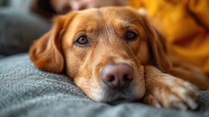  a close up of a person laying on a couch with a dog in the foreground and a person in the background with a dog in the foreground looking at the camera.
