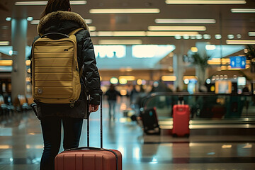 person walking with a trolley bag going for vacation, Travel, traveler in airport with a large suitcase, travel agency, luggage at the airport ,airplane flying over the clouds, passports, holiday  - obrazy, fototapety, plakaty