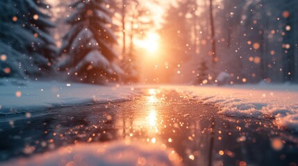  the sun shines brightly through the trees in a snow covered forest with a stream of water in the foreground and snow on the ground in the foreground. - obrazy, fototapety, plakaty
