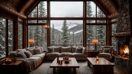 Winter scene of cozy cabin with tree views in the snow-covered mountains
