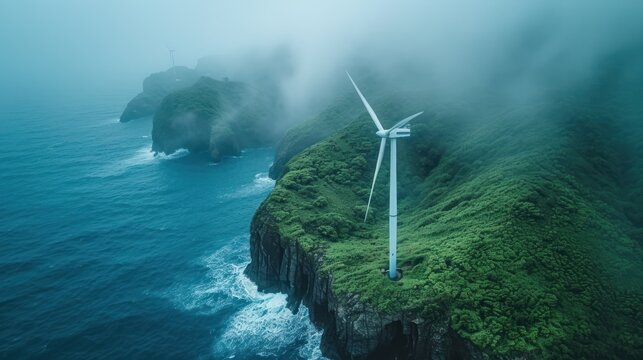  an aerial view of a wind farm in the middle of a body of water with a rock outcropping in the middle of the middle of the ocean.