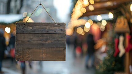 A hanging wooden sign in focus with a festive bokeh light background in an outdoor setting.