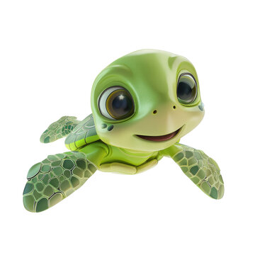 green turtle with shiny shell, happy eyes, and friendly smile in swimming relaxed pose. Lovely animal minimal style. 3d render isolated transparent. 