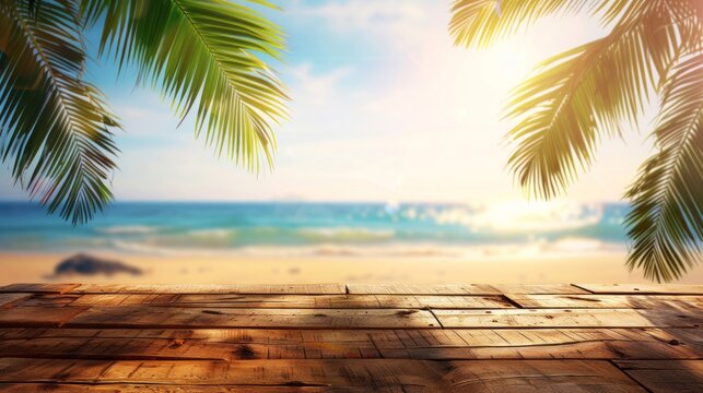 Tropical paradise view from a wooden platform, with palm fronds framing a serene beach.