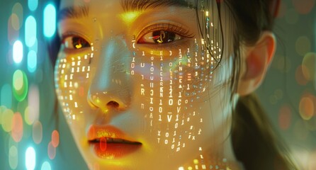 A futuristic portrait of a woman with a digital code makeup overlay, surrounded by vibrant bokeh light effects.