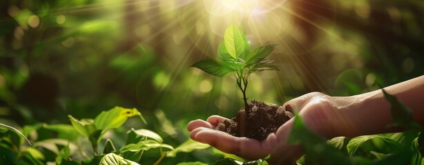 Panorama of small trees planted in hands. The sun shines among the green trees. Green world and earth day concept, green concept, environment day,There is space for writing banner messages. - obrazy, fototapety, plakaty