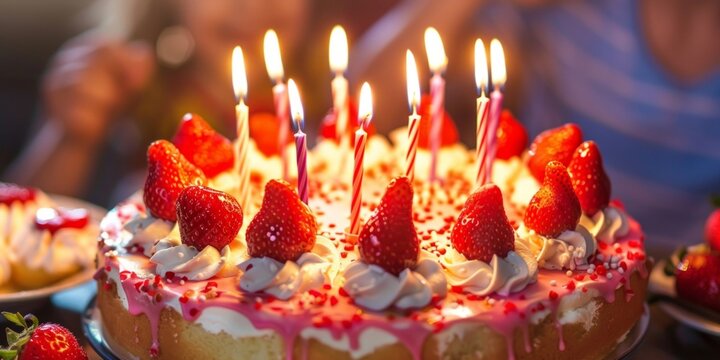 Close-up of a birthday cake with strawberry topping and lit candles, suggesting a celebration.