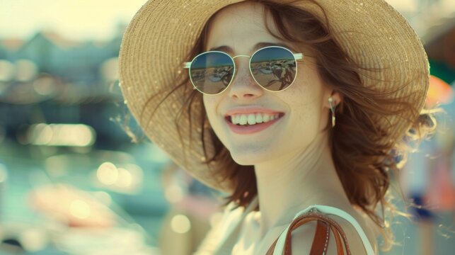 A happy young woman in a straw hat and round sunglasses enjoying a sunny day with a smile on her face.