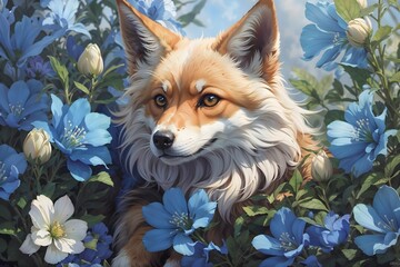 Fox with blue flowers. Painting, illustration art.