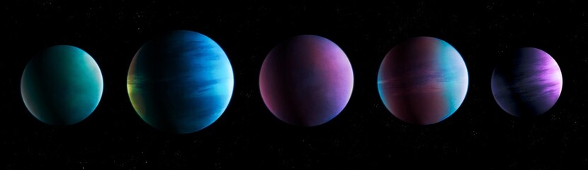 Alien planets in order. Composite image of five exoplanets. Set of realistic planets on a black background. Model of a planetary system.