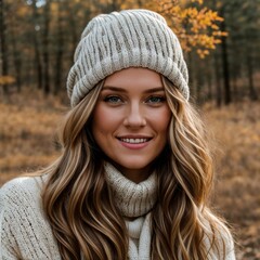 Woman wearing autumn knitwear exudes warmth and comfort 