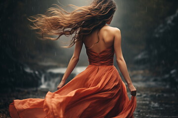 A girl in a beautiful dress runs in the rain. In a stunning dress, a carefree girl joyfully runs through the rain, embodying the beauty of spontaneity and the magic of a playful rainfall
