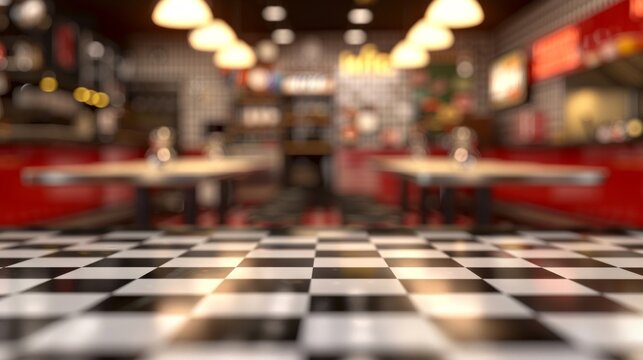 Warmly lit traditional diner interior featuring a checkerboard floor and cozy booths.
