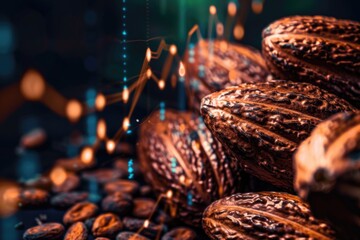 Close-up of cocoa beans with dynamic lighting and financial graph.