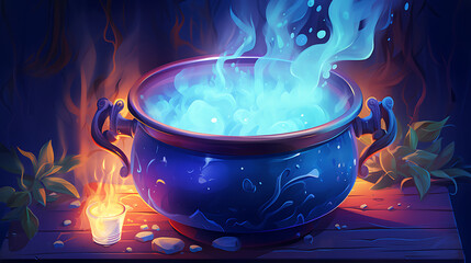 A vector illustration of a magical potion brewing in a cauldron. - obrazy, fototapety, plakaty
